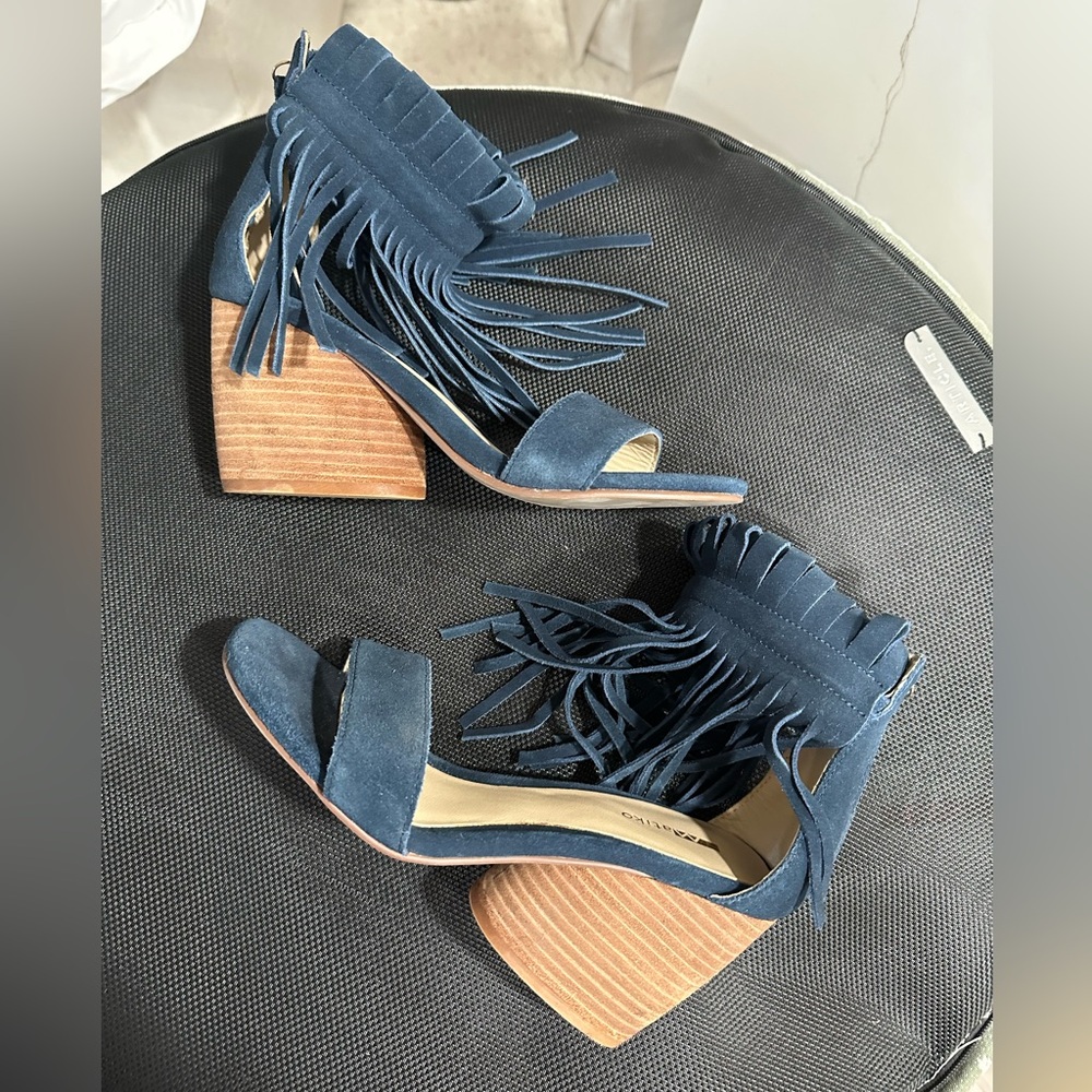 Matiko by Free People Fringe Suede Block Heels - Blue & Tan